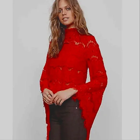 MinkPink Drama Queen Burgundy Lace Zip Back Bell Sleeve Top size M - Picture 2 of 11